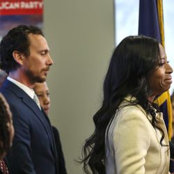 Surrounded by her family, Rep. Mia Love, R-Utah, talks about election results in the 4th Congressional District at the Utah Republican Party headquarters in Salt Lake City on Monday, Nov. 26, 2018.