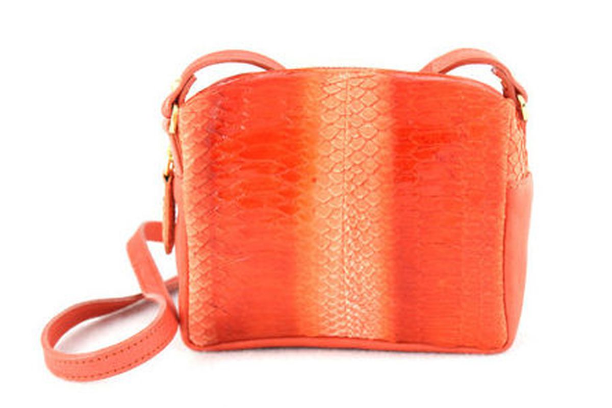 The <a href="http://beandd.com/collections/samplesale/products/pippa-crossbody-2">Pippa crossbody</a> in orange burst python, $149.