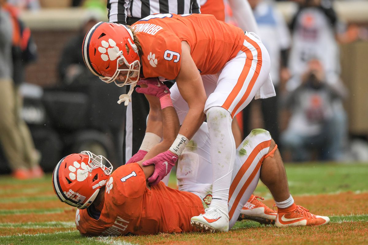 Clemson running back Will Shipley is congratulated by tight end Jake Briningstool after scoring against Florida State during the second quarter at Memorial Stadium.