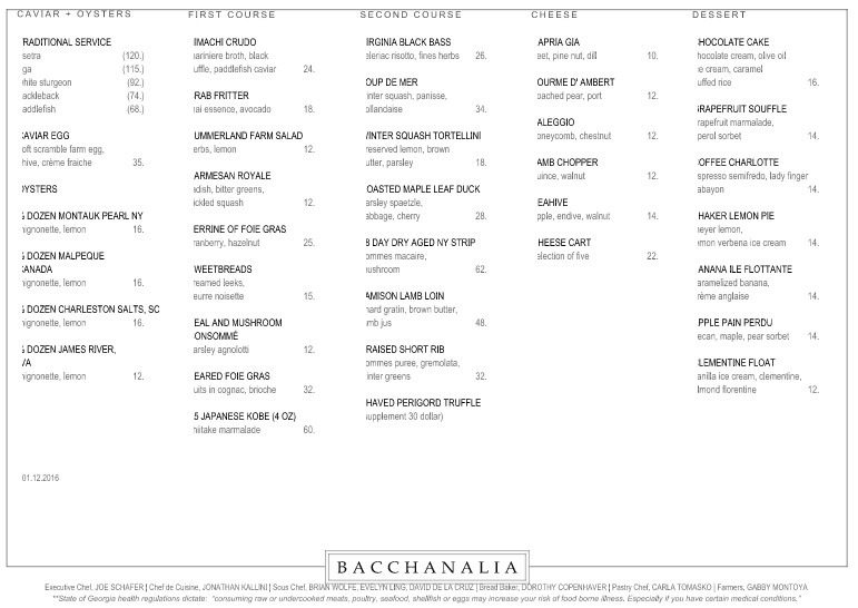 New Bacchanalia menu