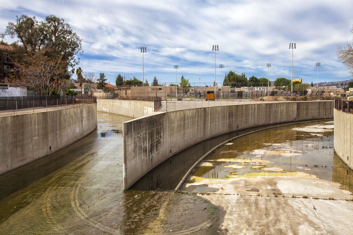 The beginning of the Los Angeles River at the confluence of Bell Creek and Arroyo Calabasas in Canoga Park.