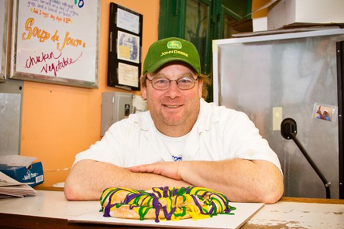 Cake Café owner Steve Himlefarb with his apple &amp; goat cheese king cake. 