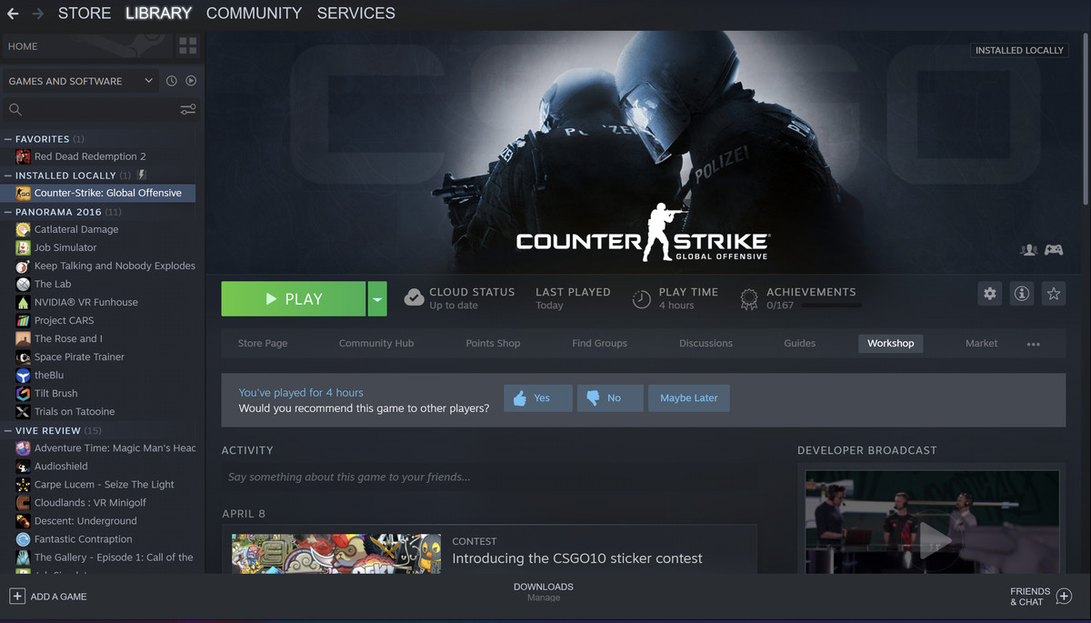 A screenshot of the CS:GO Steam Library interface woth the Workshop button highlighted.