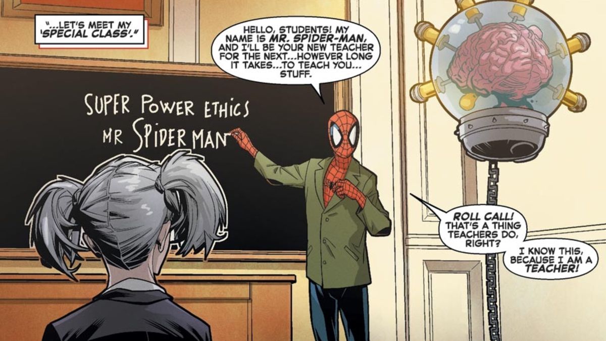 Spider-Man stands in front of a chalkboard at the Jean Grey School for young mutants, wearing a green suit jacket over his full costume. On the chalkboard, he has written “Super Power Ethics. Mr. Spider-Man.” Spider-Man &amp; the X-Men #1, Marvel Comics (2015). 