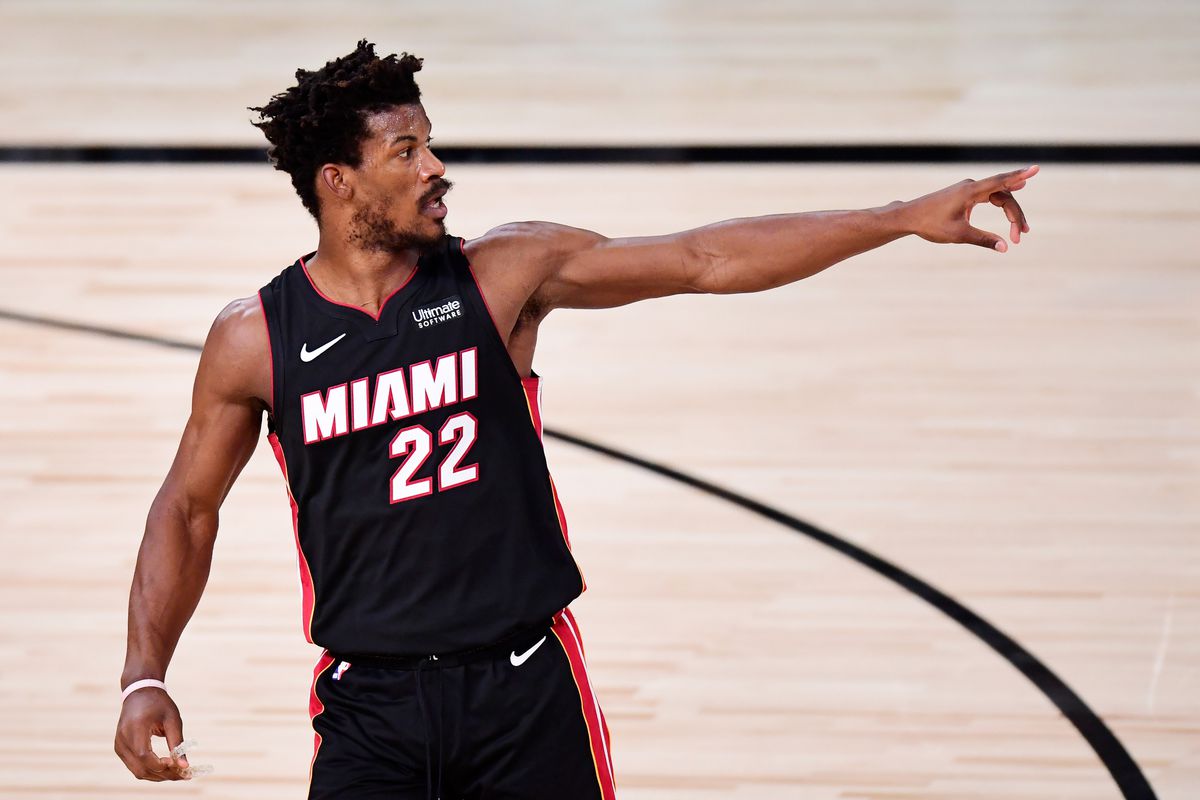 Jimmy Butler of the Miami Heat reacts during the third quarter against the Los Angeles Lakers in Game Six of the 2020 NBA Finals at AdventHealth Arena at the ESPN Wide World Of Sports Complex on October 11, 2020 in Lake Buena Vista, Florida.