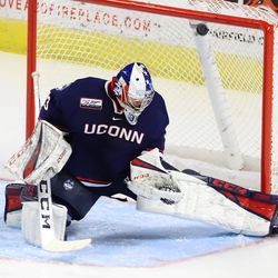 The UConn Huskies take on the Sacred Heart Pioneers in a men’s college hockey game at Webster Bank Arena in Bridgeport, CT on October 5, 2019.