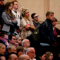 People listen to Mitt Romney address the Hinckley Institute of Politics at the University of Utah in Salt Lake City on Thursday, March 3,  2016. about the state of the 2016 presidential race.