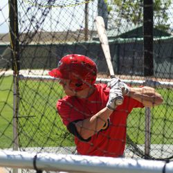 An Owlz hitter takes advantage of some early batting practice during Monday's first team workout at Brent Brown Park.