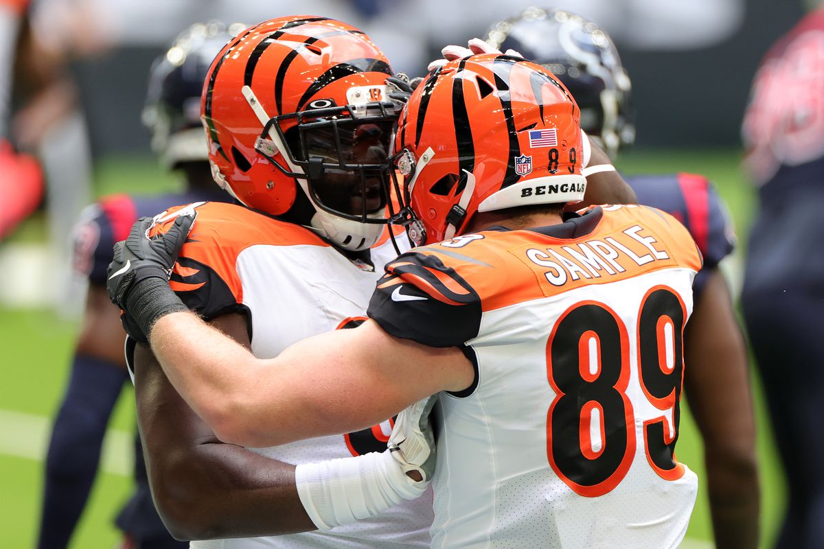 Drew Sample #89 of the Cincinnati Bengals celebrates his touchdown with Quinton Spain #67 in the first quarter of the game against the Houston Texans at NRG Stadium on December 27, 2020 in Houston, Texas.