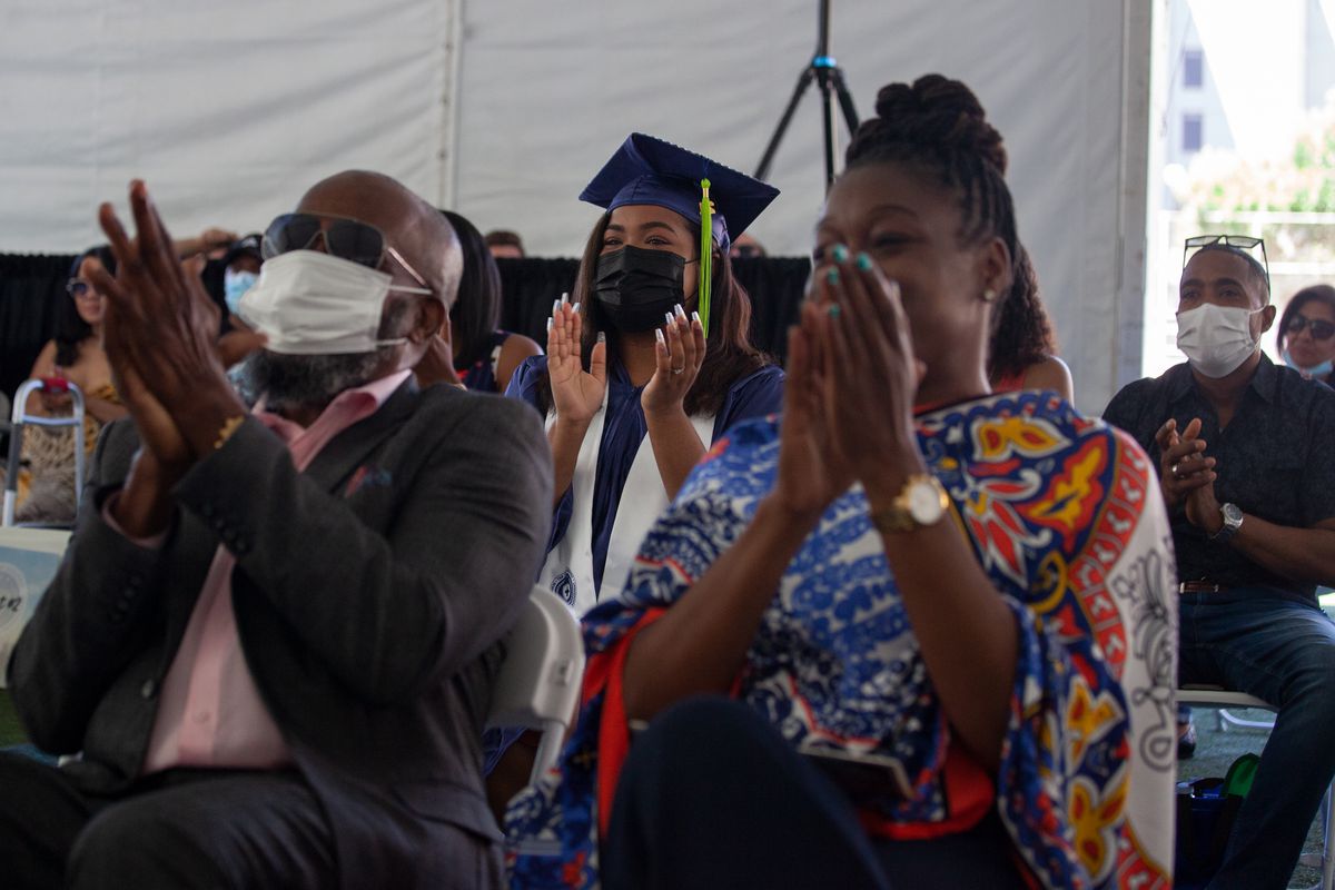 Students had to remain socially distanced during the graduation ceremony for for students at the Urban Assembly School for Emergency Management in the Lower East Side on Thursday, June 24, 2021.