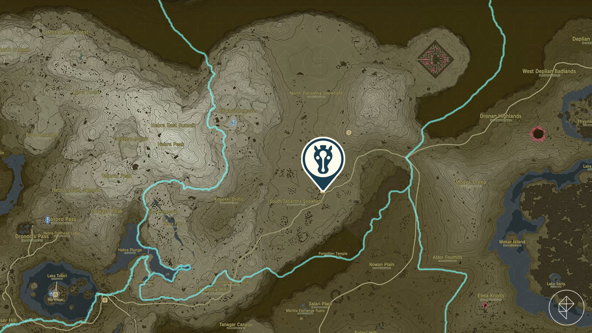 The Legend of Zelda: Tears of the Kingdom map showing the location of the Snowfield Stable