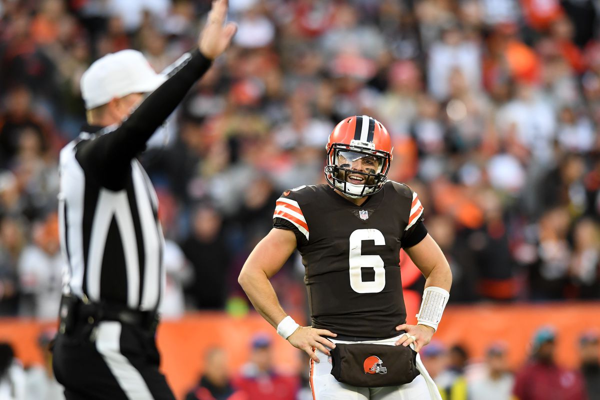 Baker Mayfield #6 of the Cleveland Browns reacts after a call during the fourth quarter against the Arizona Cardinals at FirstEnergy Stadium on October 17, 2021 in Cleveland, Ohio.