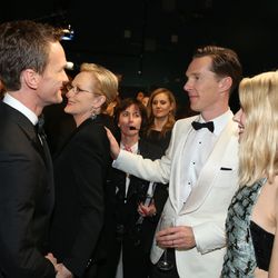  Neil Patrick Harris, and from left, Benedict Cumberbatch and Naomi Watts are seen backstage at the Oscars on Sunday, Feb. 22, 2015, at the Dolby Theatre in Los Angeles.