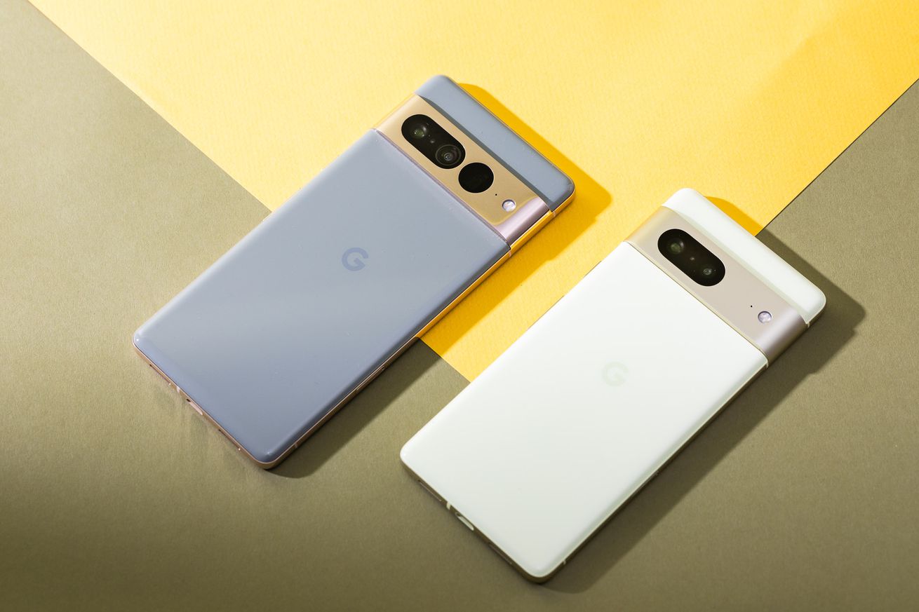 Pixel 7 Pro in hazel and Pixel 7 in lemongrass laying down on a flat surface with back panels facing up.