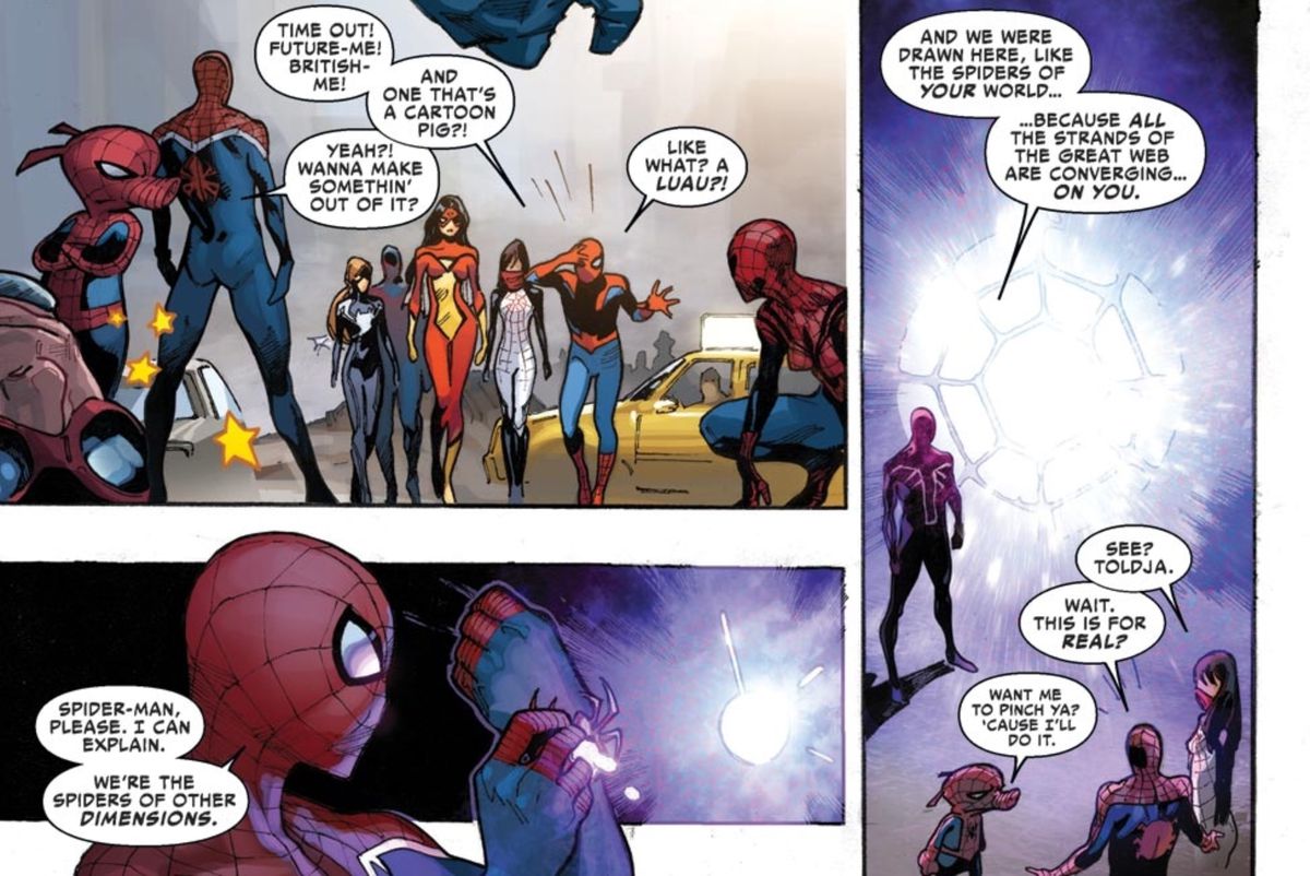 Spider-Man, Spider-UK, Spider-Woman, Silk, Spider-Ham, and others in The Amazing Spider-Man #9, Marvel Comics (2014). 