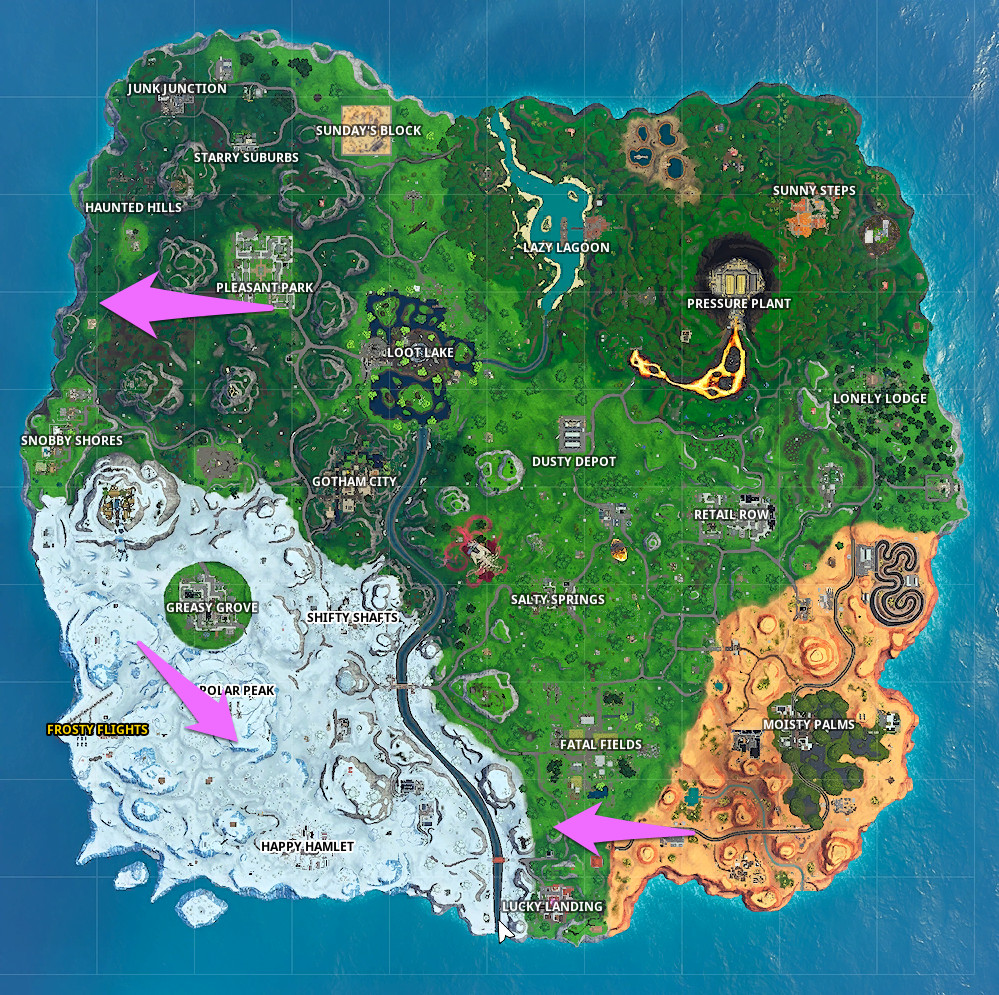 A Fortnite map with the location of the firing ranges marked