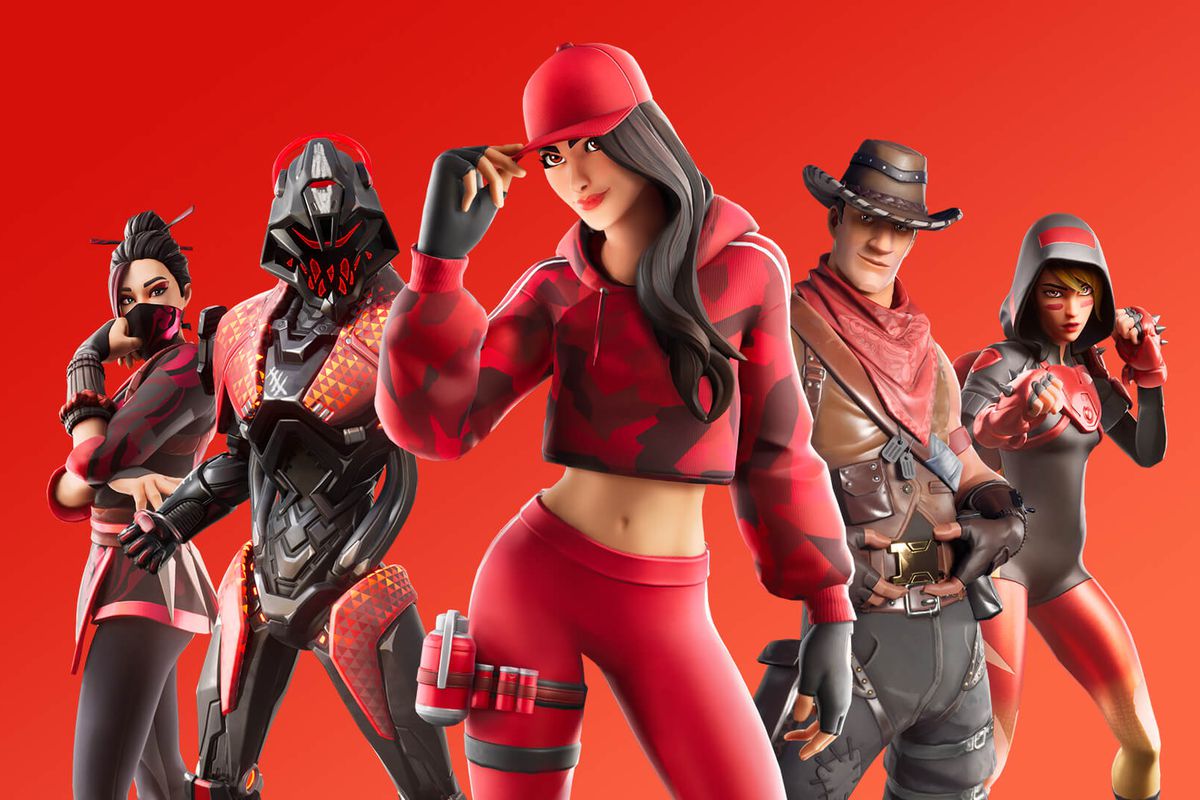 key art showing five Fortnite characters wearing different in-game costumes.