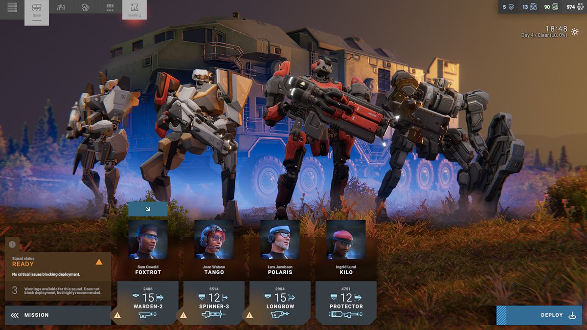 Mechs line up next to one another on a pre-battle screen in Phantom Brigade