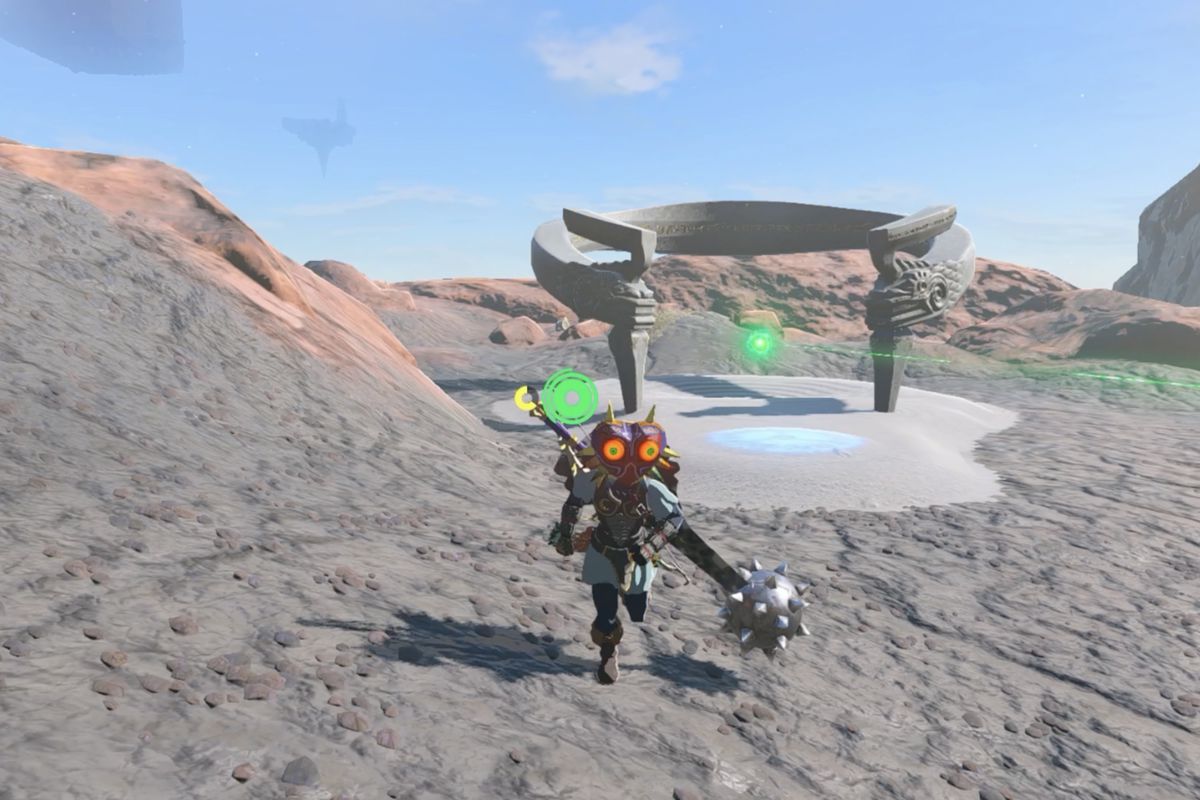 Link runs with momosik Shrine location behind him in Zelda: Tears of the Kingdom