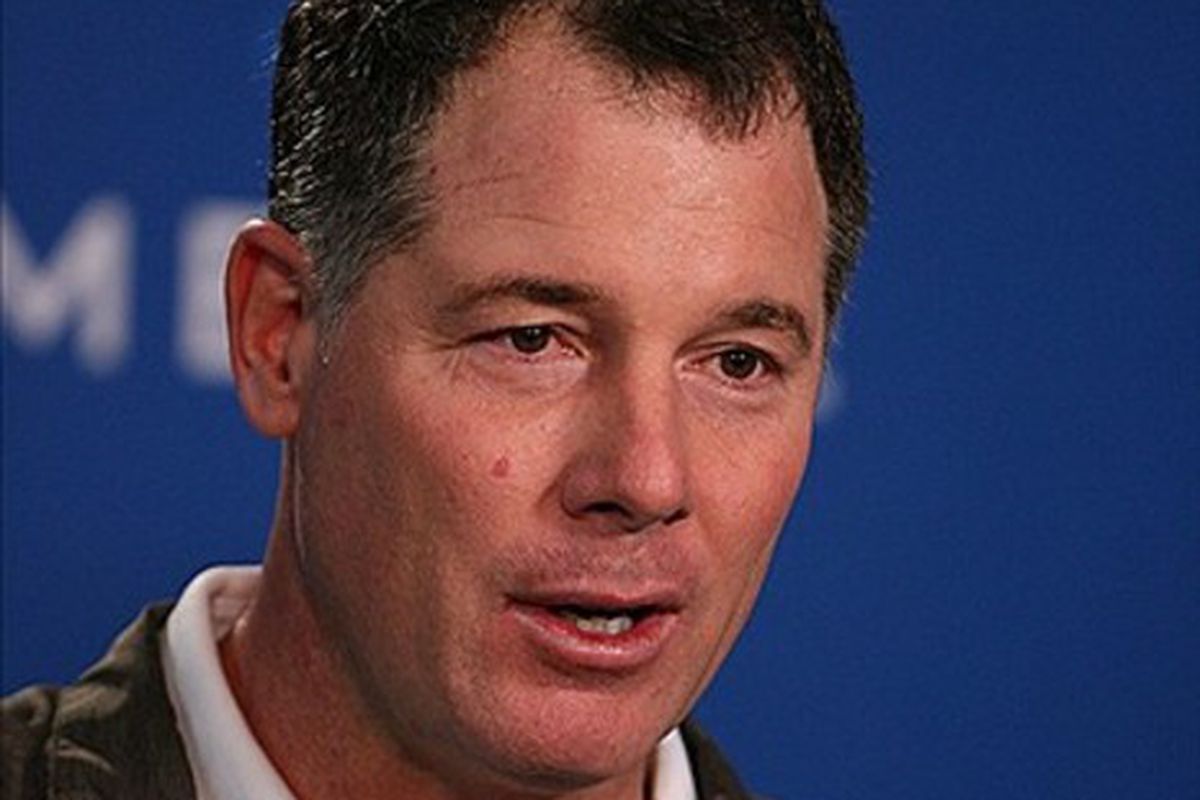 Feb 23, 2012; Indianapolis, IN, USA; Cleveland Browns coach Pat Shurmur speaks at a press conference during the NFL Combine at Lucas Oil Stadium. Mandatory Credit: Brian Spurlock-US PRESSWIRE