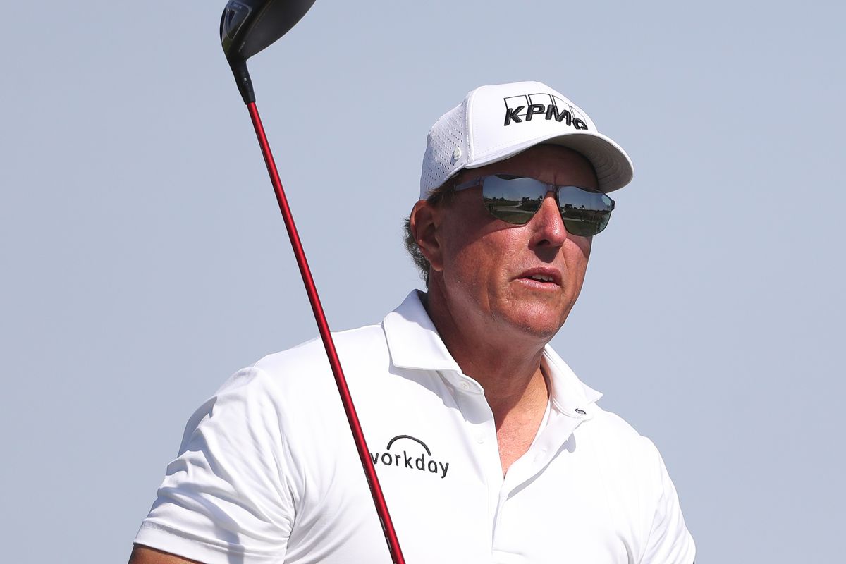 Phil Mickelson of The USA tees off the 14th hole during day three of the PIF Saudi International at Royal Greens Golf &amp; Country Club on February 05, 2022 in Al Murooj, Saudi Arabia.