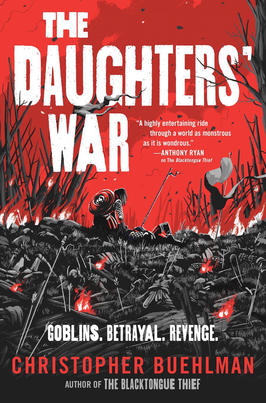 A slumped over figure crawls along a pile of bodies in a red cover for Christopher Buehlman’s The Daughters’ War.