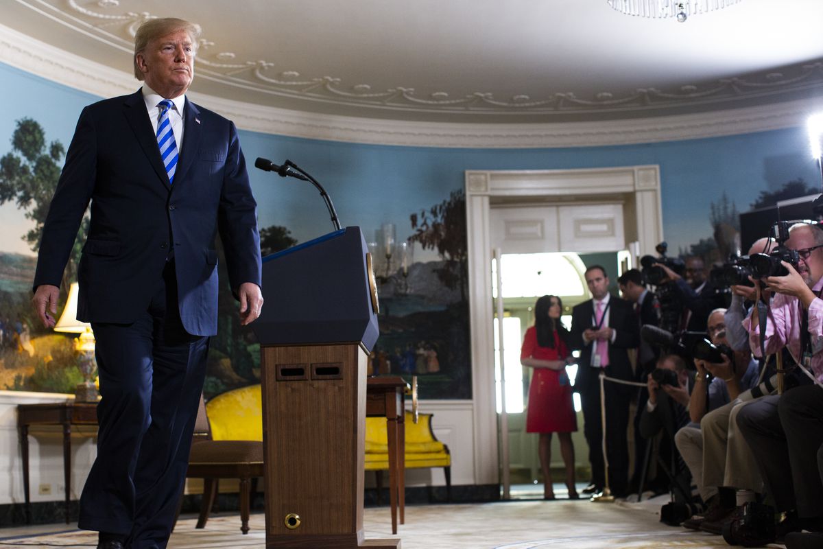 President Donald Trump walks off after delivering a statement on the Iran nuclear deal from the Diplomatic Reception Room of the White House, Tuesday, May 8, 2018, in Washington. Trump announced the U.S. will pull out of the landmark nuclear accord with I