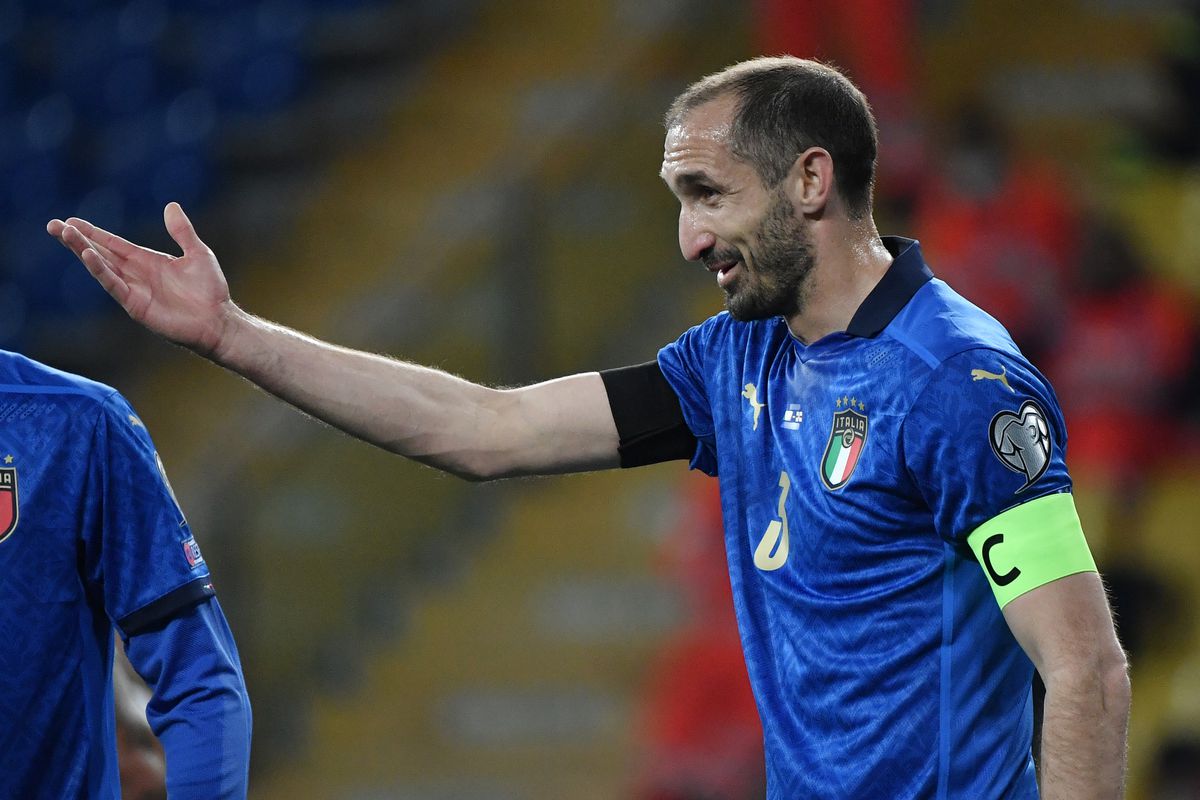 Giorgio Chiellini of Italy reacts during the FIFA World Cup...