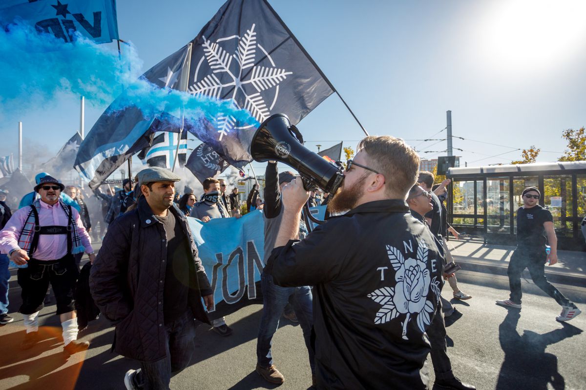 October 21, 2018 - Minneapolis, Minnesota, United States - Prior to the Minnesota United vs LA Galaxy match, the supporters groups lead the final march to TCF Bank Stadium before the Loons move into Allianz Field in 2019. 

(Photo by Seth Steffenhagen/Steffenhagen Photography)