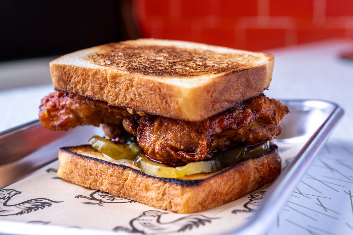 A fried chicken sandwich on Texas toast. 
