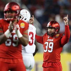 Utah Utes place-kicker Andy Phillips (39) celebrates a field goal as the Utes and the Hoosiers play in the Foster Farms Bowl in Santa Clara, California, on Wednesday, Dec. 28, 2016.