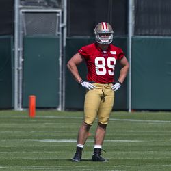 Vance McDonald #89 of the San Francisco 49ers stands on the practice field during the San Francisco 49ers rookie minicamp at their training facility on May 10, 2013