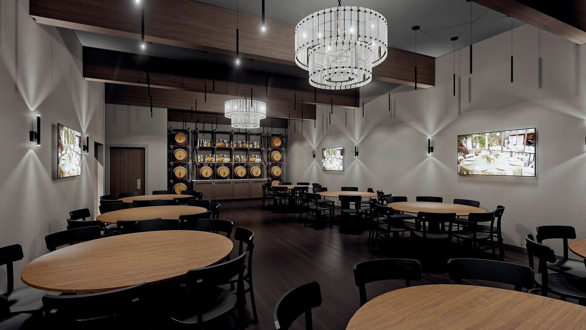A rendering of a private event space with a chandelier.