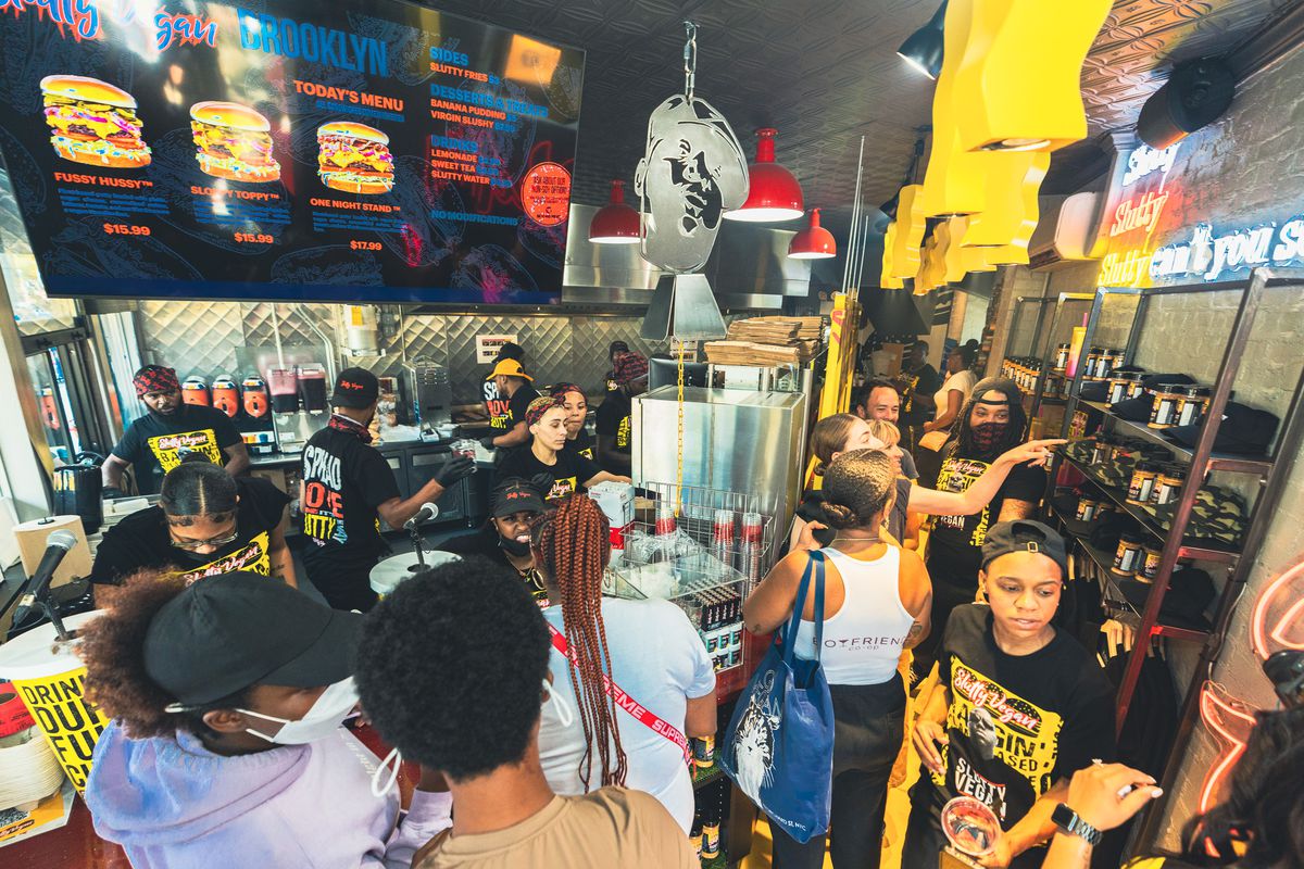 The crowded interior of Slutty Vegan, a fast-food restaurant that opened in Brooklyn, New York on September 18.