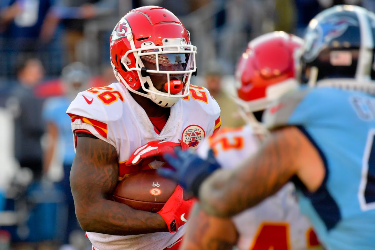 Kansas City Chiefs running back Damien Williams rushes against the Tennessee Titans during the second half at Nissan Stadium.