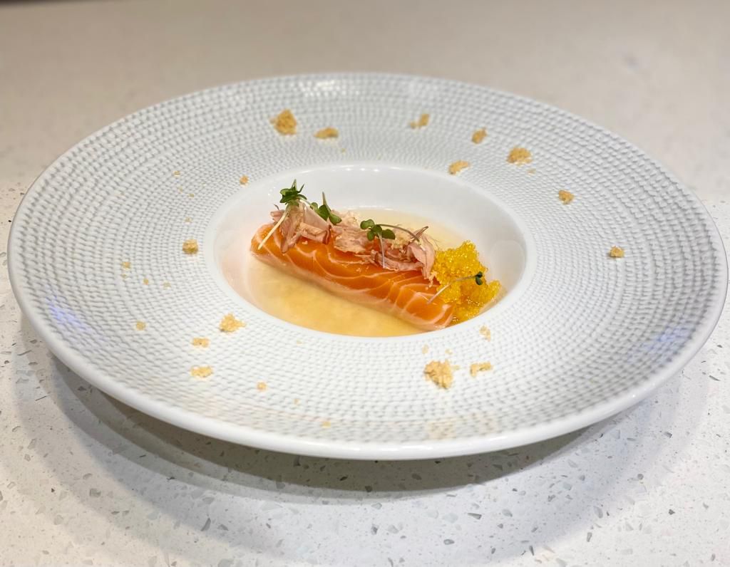 Cured salmon with preserved lemon dashi and bonito.
