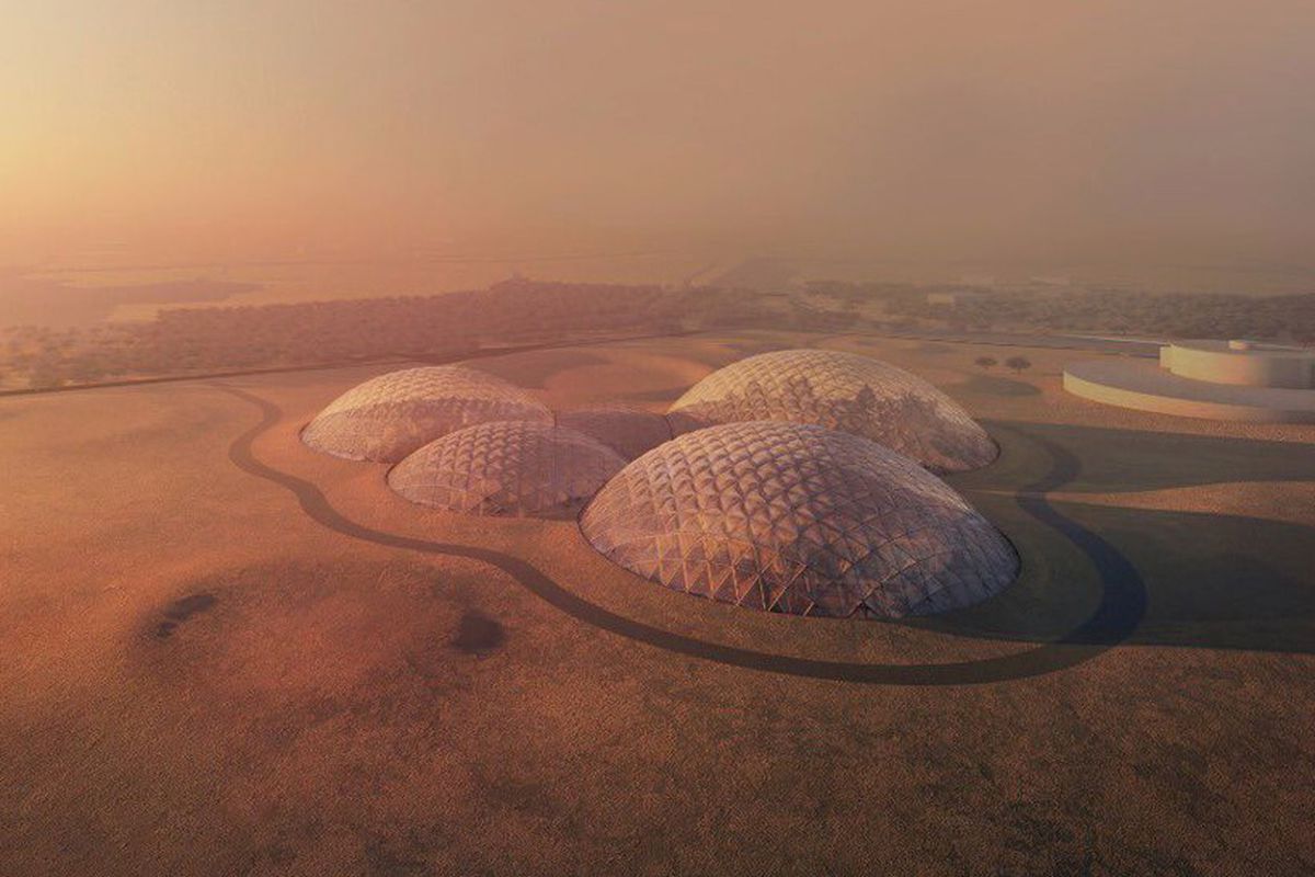 Rendering of a cluster of glass-domed buildings set in a desert.