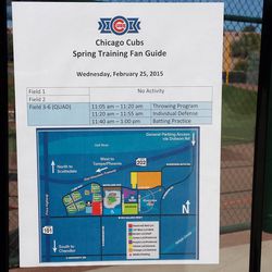 New this year, workout schedules and maps are posted, a great idea. The fields on which today's practices were held are the four at the left of the map, closest to highway 101 - 