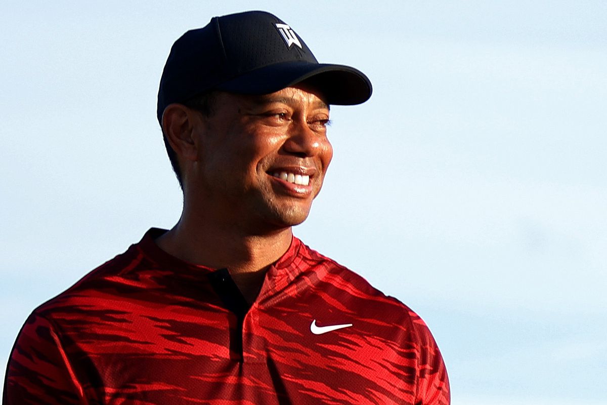 Tiger Woods of the United States looks on during the trophy ceremony after the final round of the Hero World Challenge at Albany Golf Course on December 05, 2021 in Nassau,&nbsp;