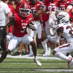 Utah Utes wide receiver Demari Simpkins (3) looks to gain extra yards after catching a pass during first-half action in the University of Utah versus Northern Illinois football game at Rice-Eccles Stadium in Salt Lake City on Saturday, Sept. 7, 2019.