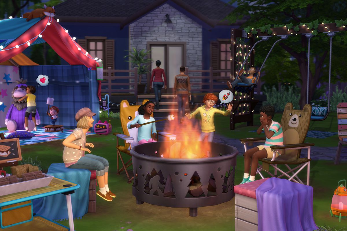 Sims sitting around a campfire and roasting marshmallows. 