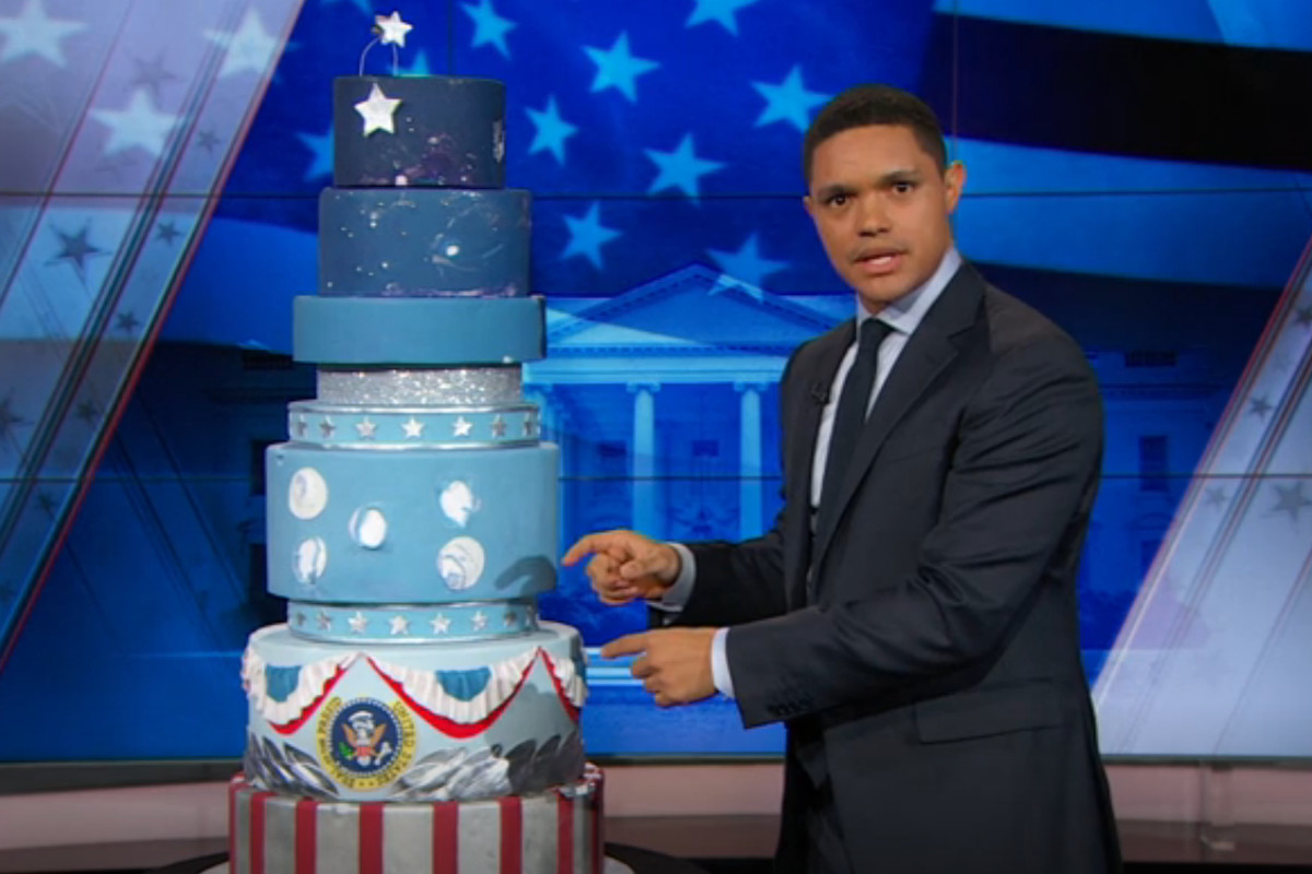 Trevor Noah and Donald Trump’s inauguration cake on the set of The Daily Show.