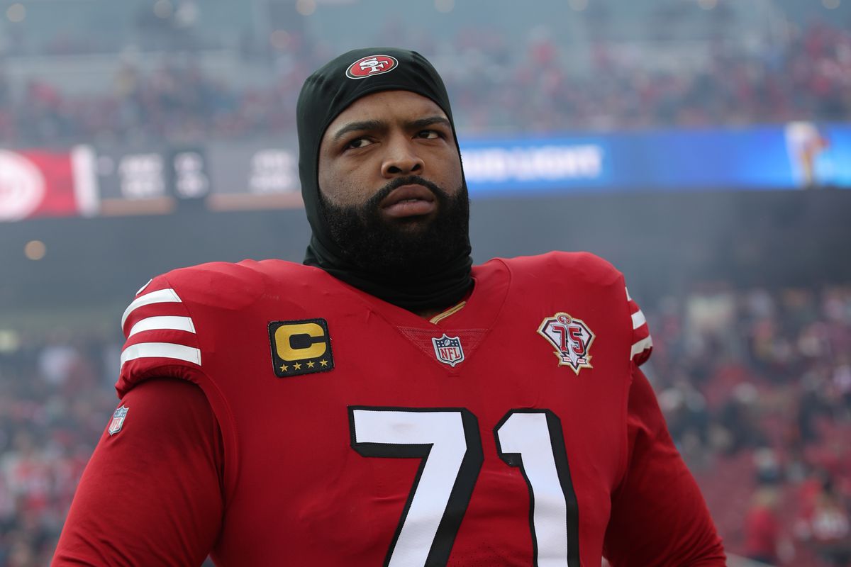 Trent Williams #71 of the San Francisco 49ers on the sidelines before the game against the Atlanta Falcons at Levi’s Stadium on December 19, 2021 in Santa Clara, California. The 49ers defeated the Falcons 31-13.