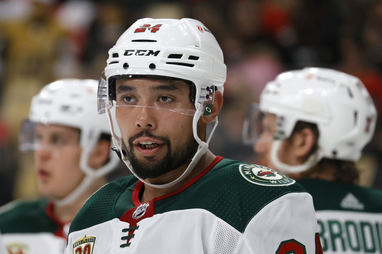 Matt Dumba #24 of the Minnesota Wild waits for a faceoff in the second period of Game Five of the First Round of the 2021 Stanley Cup Playoffs against the Vegas Golden Knights at T-Mobile Arena on May 24, 2021 in Las Vegas, Nevada. The Wild defeated the Golden Knights 4-2.