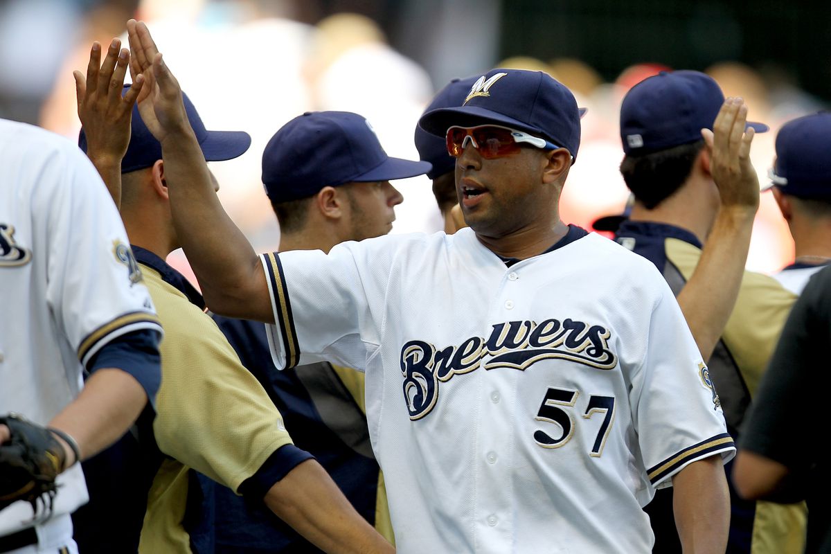 MILWAUKEE, WI - JULY 18: Francisco Rodriguez #57 of the Milwaukee Brewers celebrate the 4-3 win over the St Louis Cardinals at Miller Park on July 18, 2012 in Milwaukee, Wisconsin. (Photo by Mike McGinnis/Getty Images)