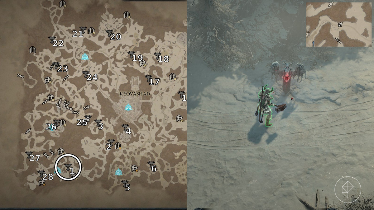 Altar of Lilith 1 location in the Icehowl Taiga area of the Desolate Highlands zone in Diablo 4 / Diablo IV depicted by an annotated map and an in game screenshot