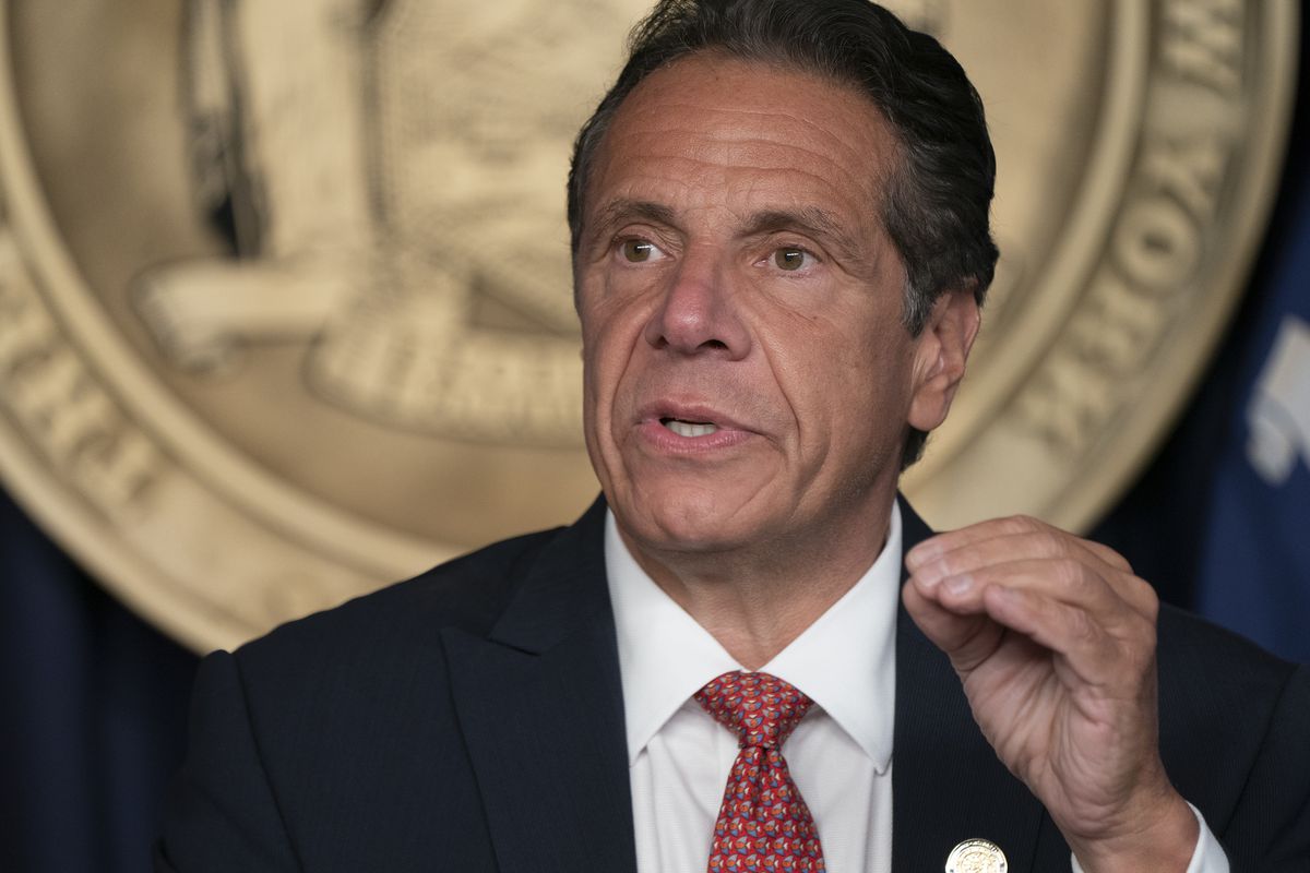Andrew Cuomo gestures while speaking at a press briefing in August 2021.