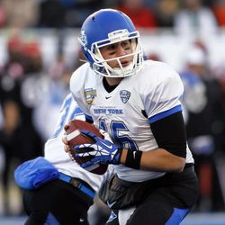 Buffalo quarterback Joe Licata (16) looks for a receiver during the first half of the Famous Idaho Potato Bowl NCAA college football game against San Diego State in Boise, Idaho, on Saturday, Dec. 21, 2013. 