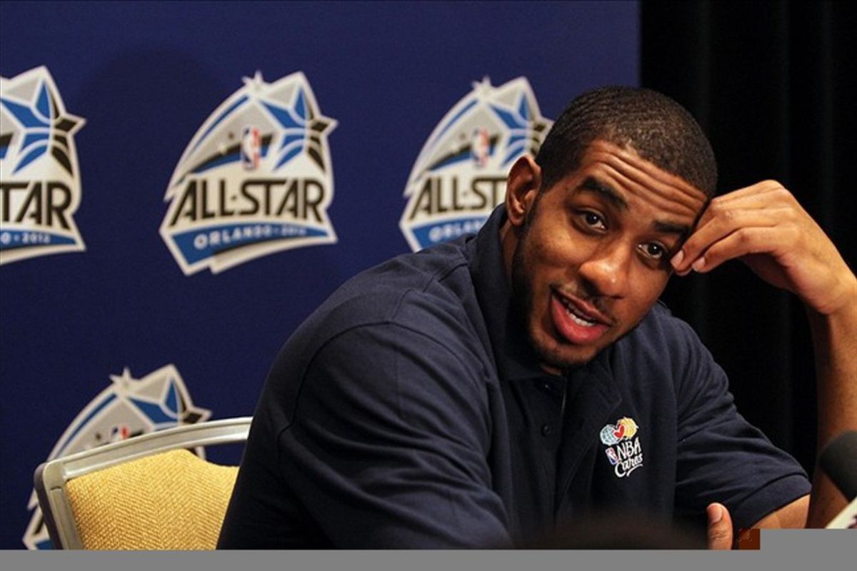 February 24, 2012; Orlando FL, USA;  Western Conference forward LaMarcus Aldridge of the Portland Trail Blazers (12) during the West all-stars press conference at the Hilton Orlando. Mandatory Credit: Kim Klement-US PRESSWIRE