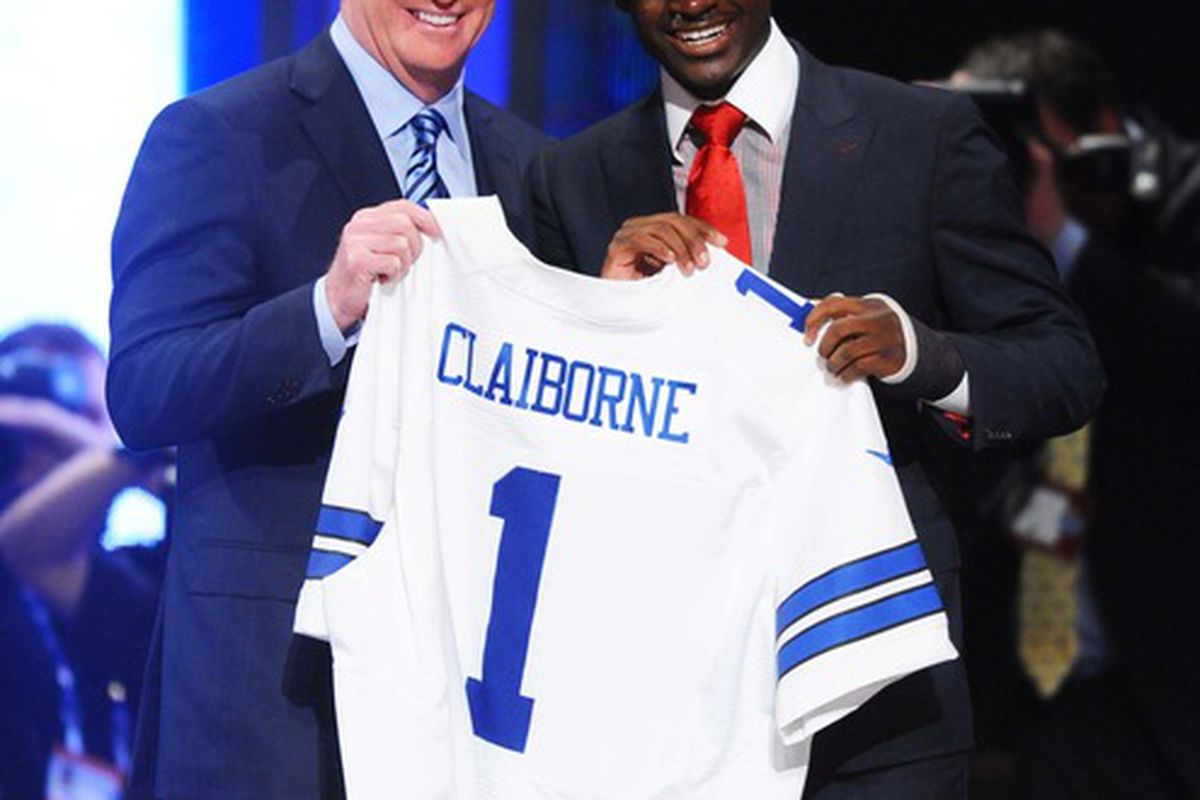 Apr 26, 2012; New York, NY, USA; NFL commissioner Roger Goodell introduces cornerback Morris Claiborne (LSU) as the sixth overall pick by the Dallas Cowboys in the 2012 NFL Draft at Radio City Music Hall. Mandatory Credit: James Lang-US PRESSWIRE